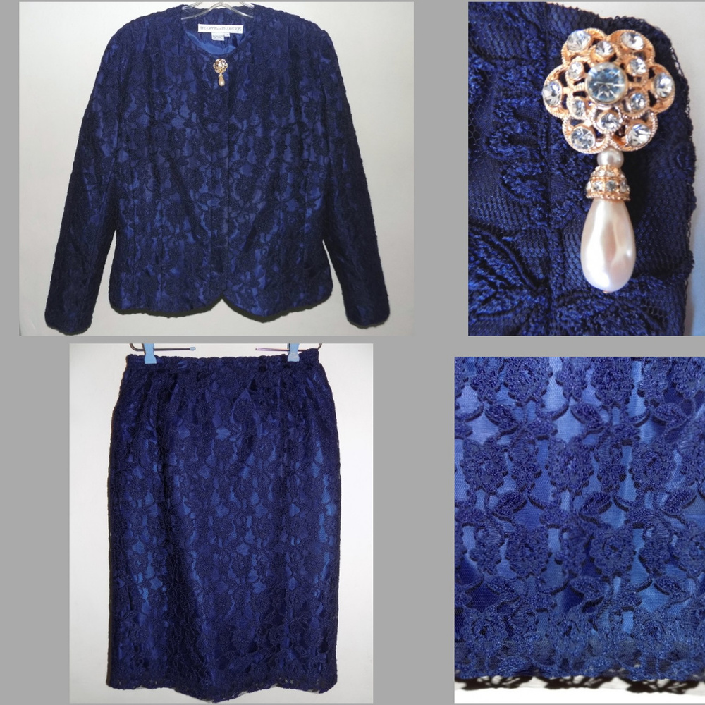 VTG Elegant lace suit 14 Blue Straight skirt Jacket 2-piece Dressy Wedding